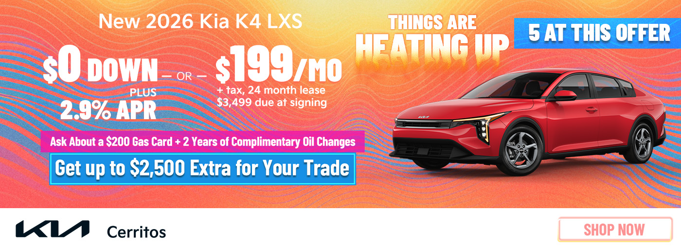 New 2026 Kia K4 LXS $0 Down PLUS 2.9% APR OR Lease for $199/Month + tax for 24 Months $3,499 Due at Signing Ask About a $200 Gas Card + 2 Years of Complimentary Oil Changes Get up to $2,500 Extra for Your Trade