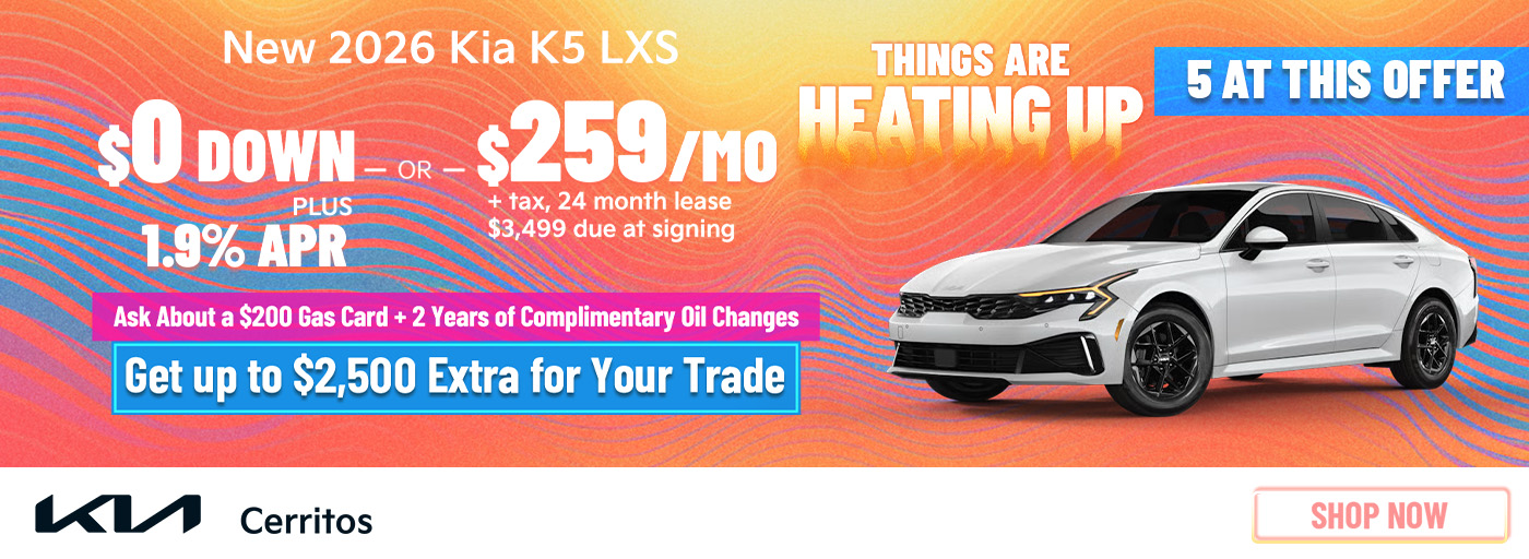 New 2026 Kia K5 LXS $0 Down PLUS 1.9% APR OR Lease for $259/Month + tax for 24 Months $3,499 Due at Signing Ask About a $200 Gas Card + 2 Years of Complimentary Oil Changes Get up to $2,500 Extra for Your Trade