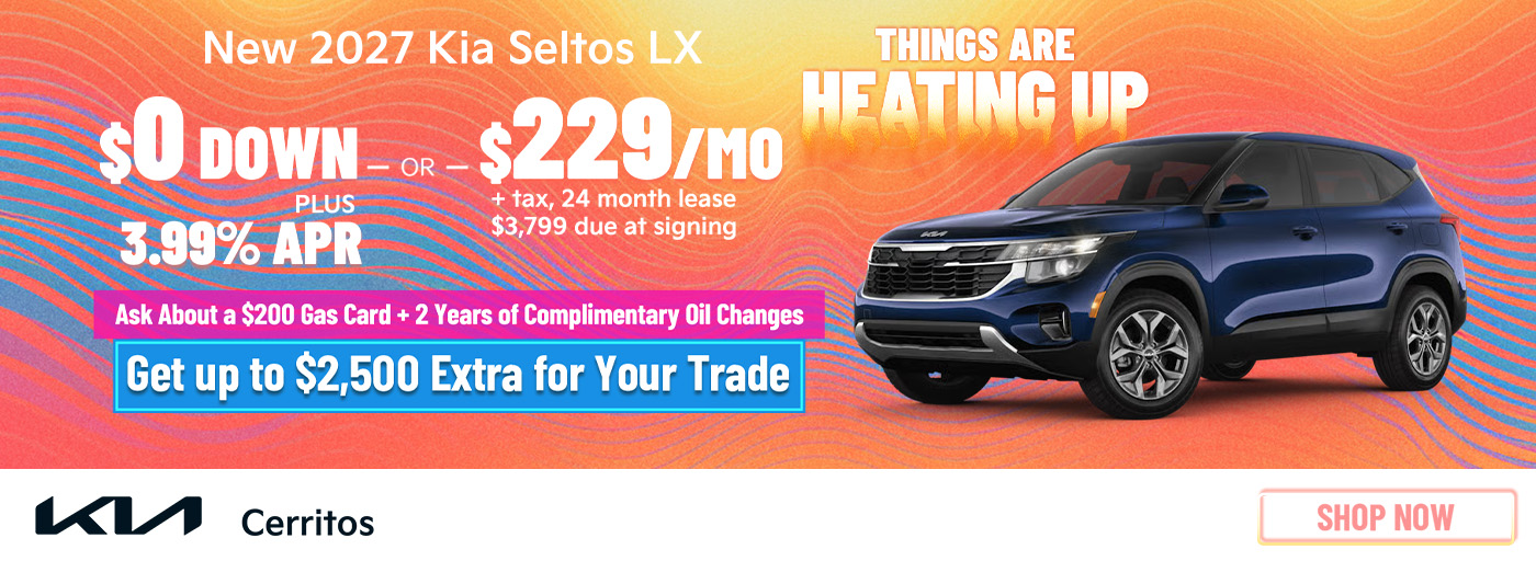 New 2027 Kia Seltos LX $0 Down PLUS 3.99% APR OR Lease for $229/Month + tax for 24 Months $3,799 Due at Signing Ask About a $200 Gas Card + 2 Years of Complimentary Oil Changes Get up to $2,500 Extra for Your Trade