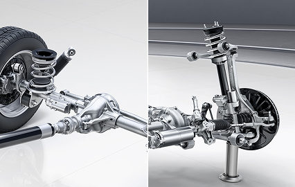 Double-wishbone front/rigid-axle rear suspension