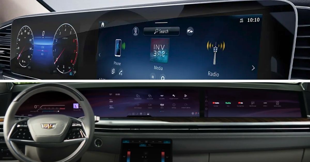GLS two 12.3-in screens vs Escalade 55-in curved pillar-to-pillar display