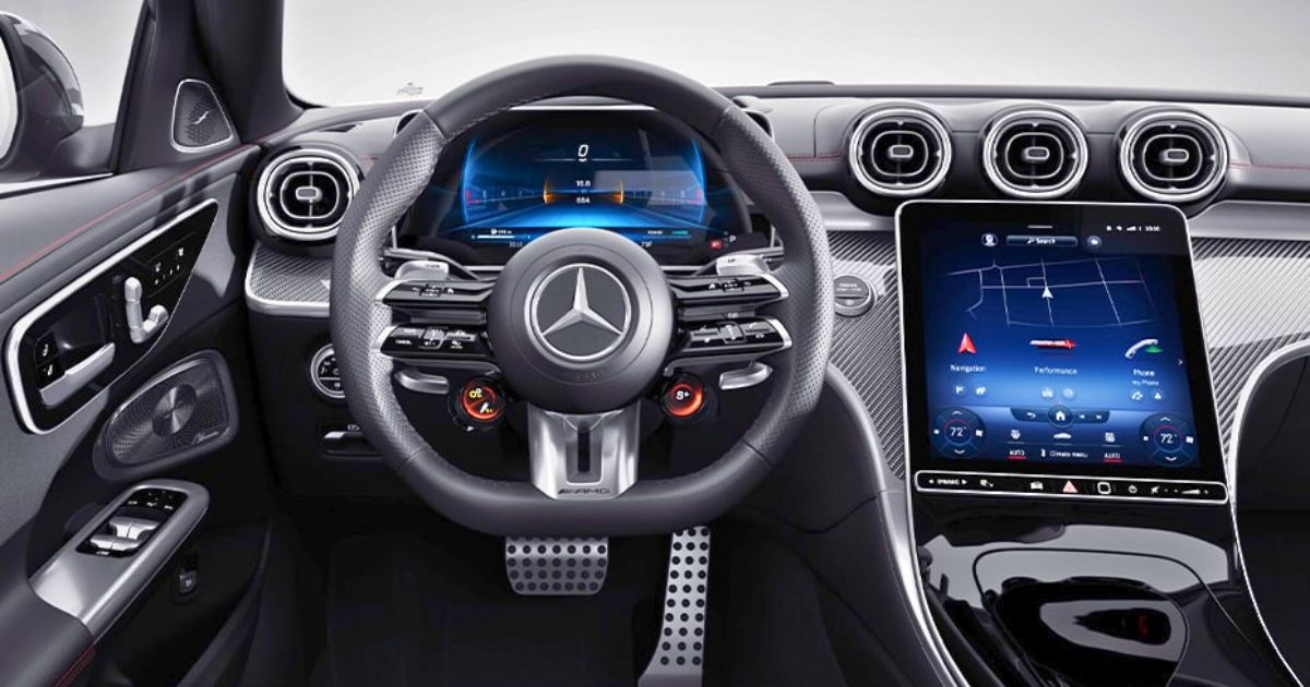 The high-tech cockpit of the Mercedes-AMG C 43 performance sedan