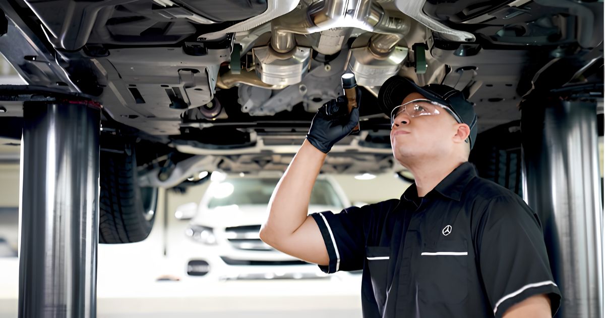 A technician at Mercedes-Benz of Fort Walton Beach doing inspection