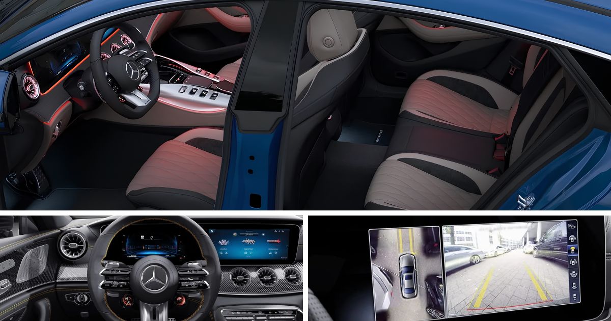 Dual 12.3-inch screens, 5-passenger seating, and Surround View System of the 2026 AMG-GT 53