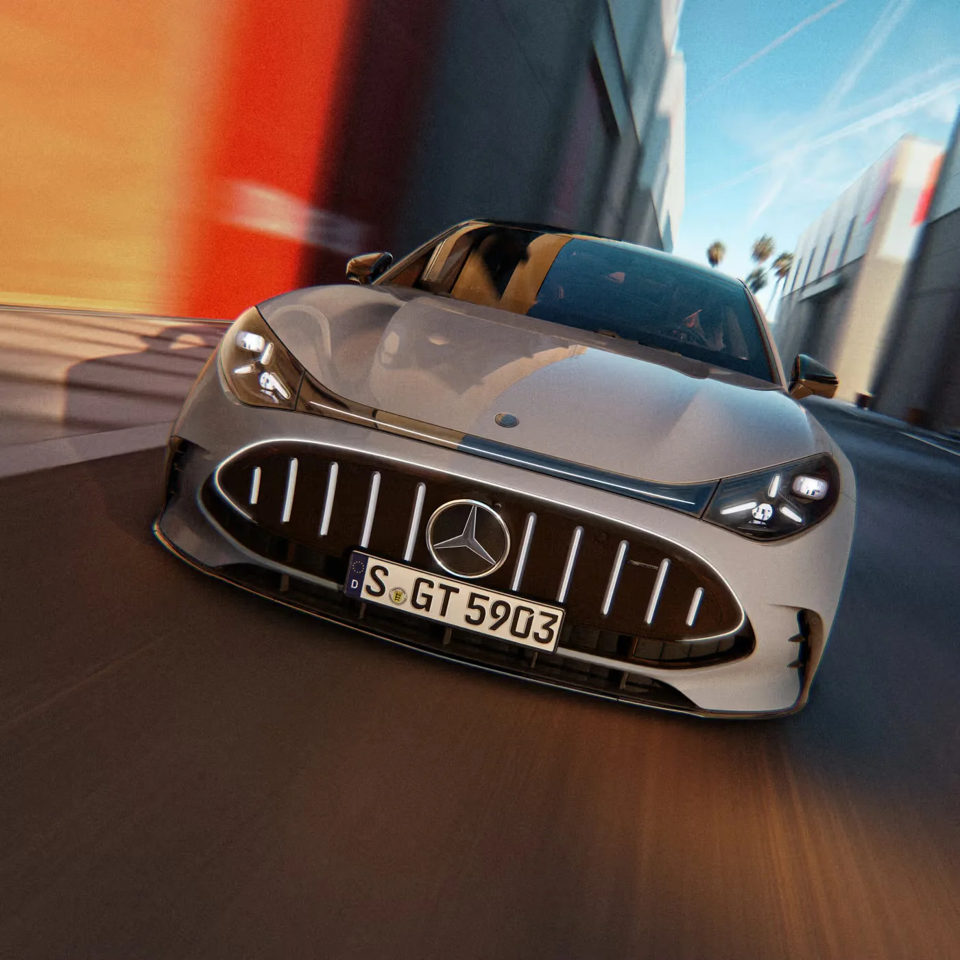 Mercedes-AMG GT in motion, front three-quarter view