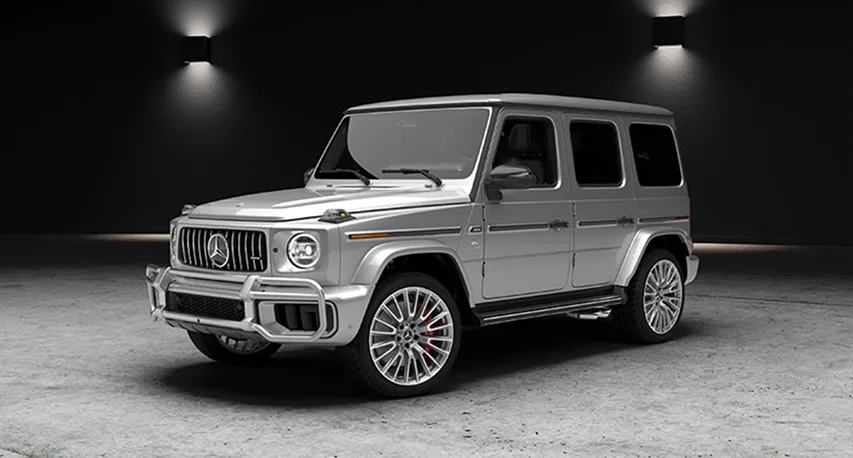2027 Mercedes-AMG G 63 in silver, front three-quarter view