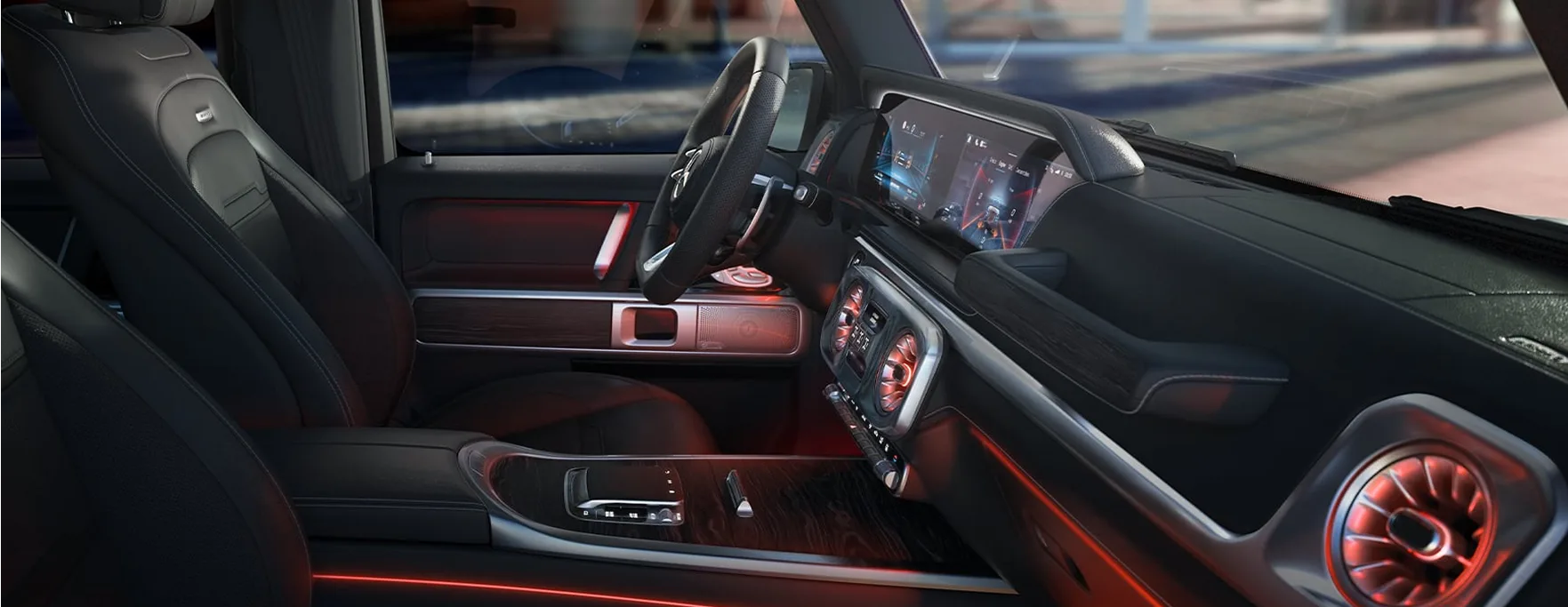 Interior cockpit of the 2027 Mercedes-AMG G 63 with ambient lighting