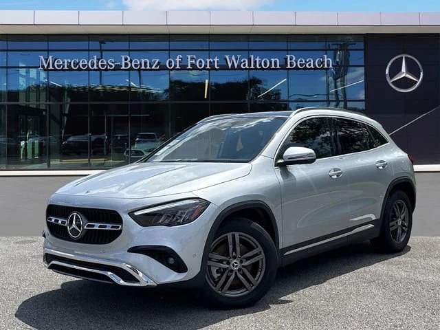 Silver Mercedes-Benz GLA parked in front of the Mercedes-Benz of Fort Walton Beach showroom
