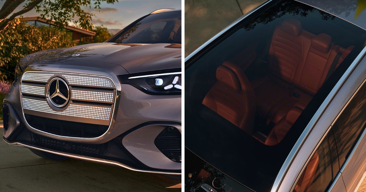 The reimagined Mercedes-Benz grille and standard fixed panorama roof of the 2027 Mercedes Benz GLC EV