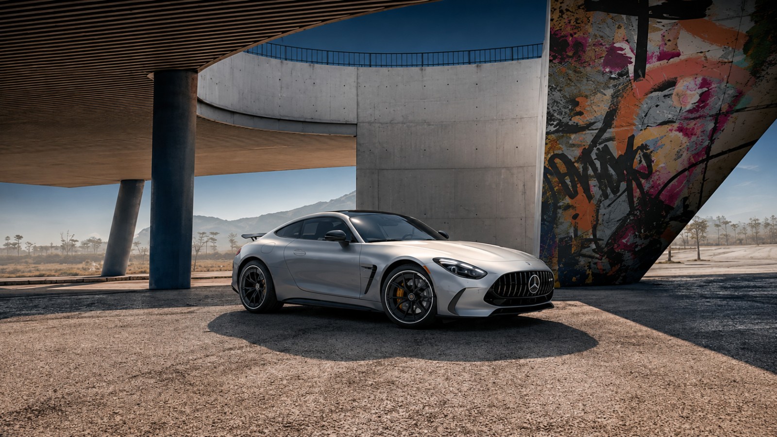 Mercedes-AMG GT coupe in dramatic architectural light, the handcrafted-performance ethos that tops the GLS family as the AMG GLS 63