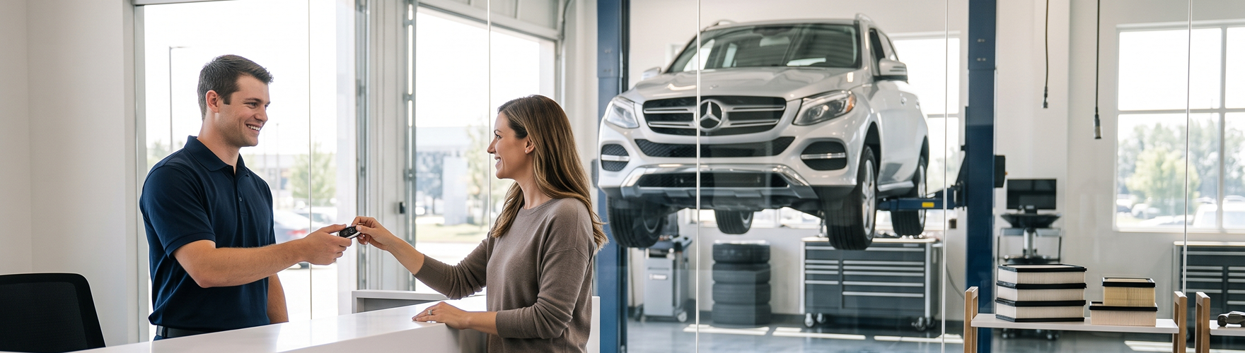 Mercedes-Benz service advisor handing a key fob to a smiling customer at the service desk, with a silver Mercedes-Benz SUV raised on a lift behind the glass