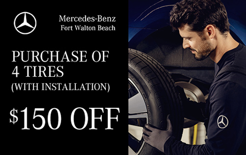 Purchase of 4 tires with installation offer, with a Mercedes-Benz technician mounting a tire