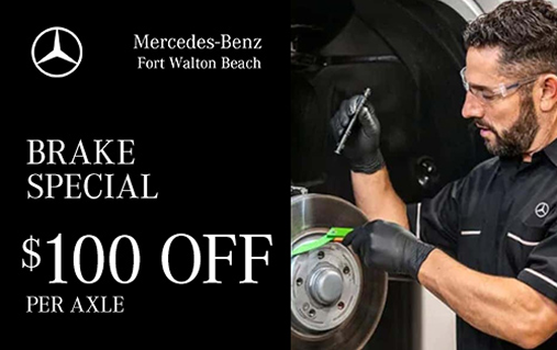 Brake Special, $100 off per axle, with a Mercedes-Benz technician in black gloves servicing a brake rotor