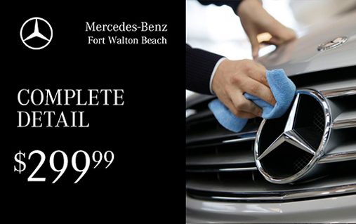 Complete Detail for $299.99, with a gloved hand polishing the star emblem on a Mercedes-Benz grille