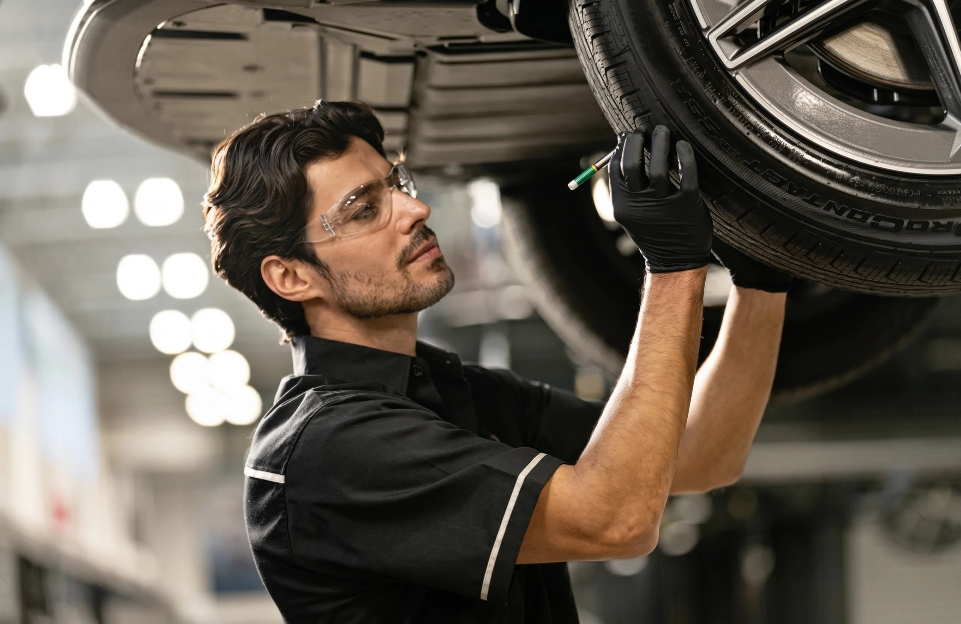 A Mercedes-Benz technician inspecting a wheel and tire on a car raised on the lift